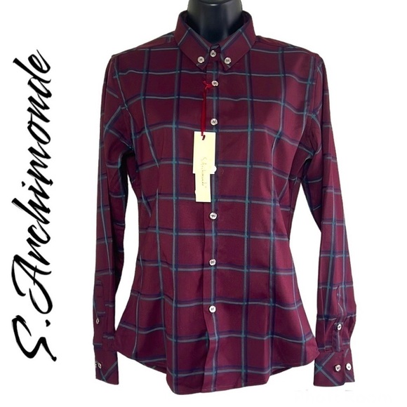 S.Archimonde Burgundy/Blue Flannel Button Up Shirt Size L - Picture 1 of 15